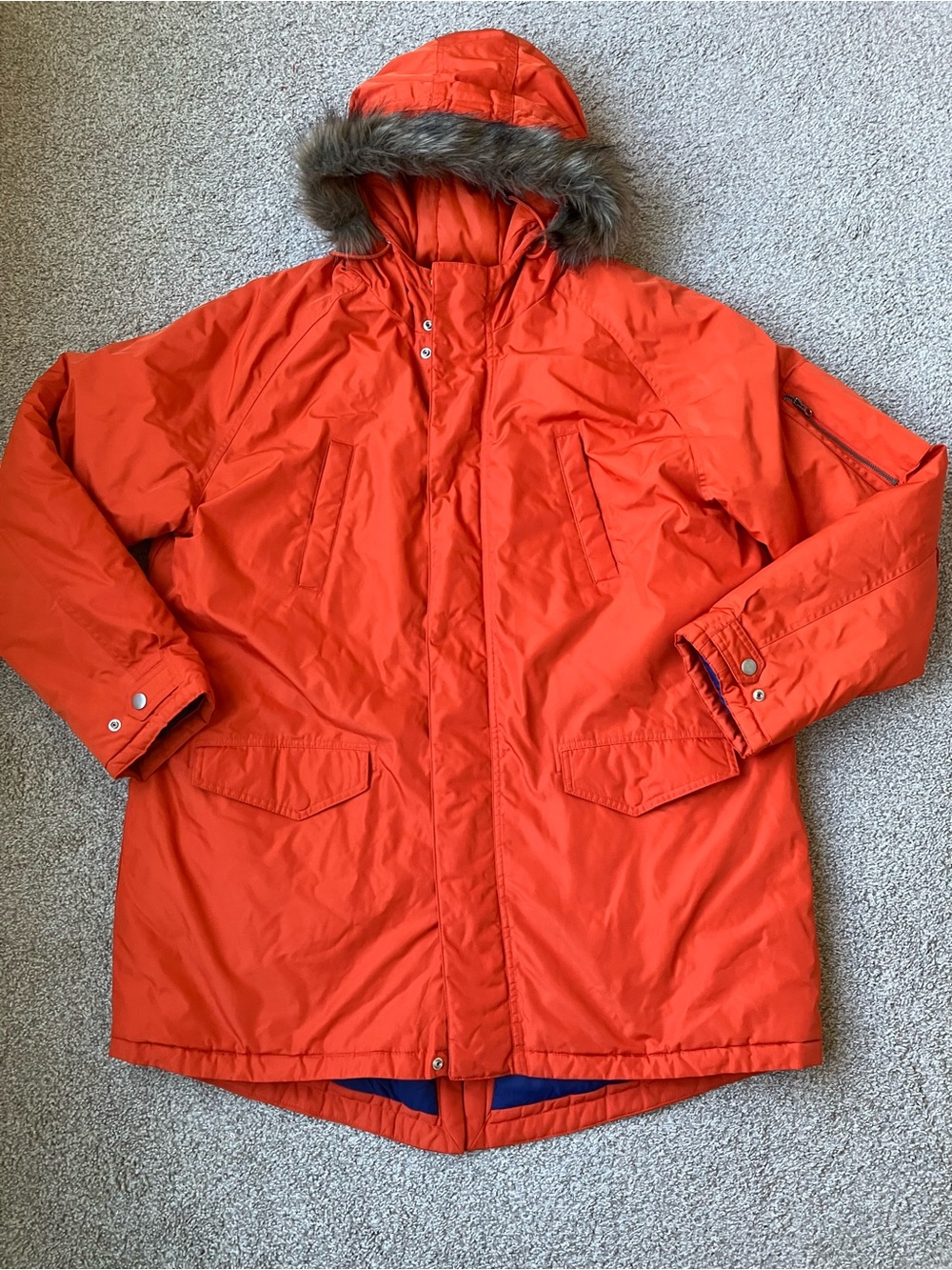 Old Navy Bright Orange Men's Hooded Puffer Coat with Faux Fur Trim